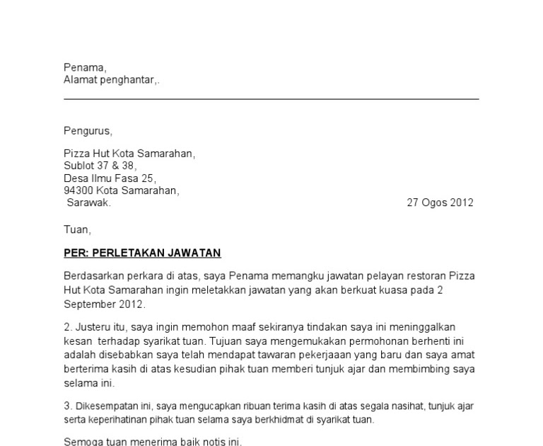 Contoh Surat Rasmi Letak Jawatan Kerajaan - ARasmi