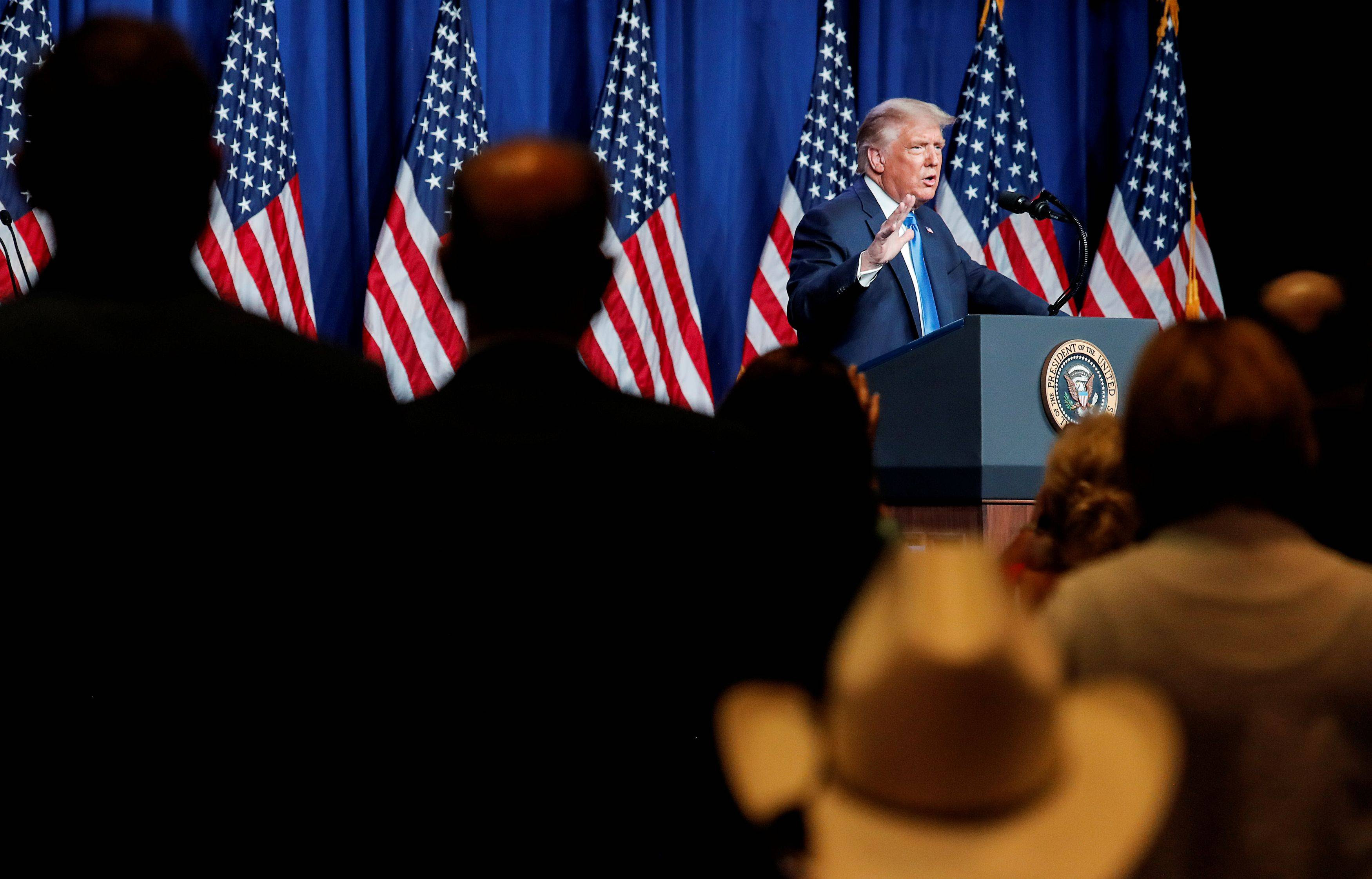 President Trump addresses the first day of the Republican National Convention after delegates voted to confirm his nomination Monday during the day, before the prime time events. (REUTERS/Carlos Barria)