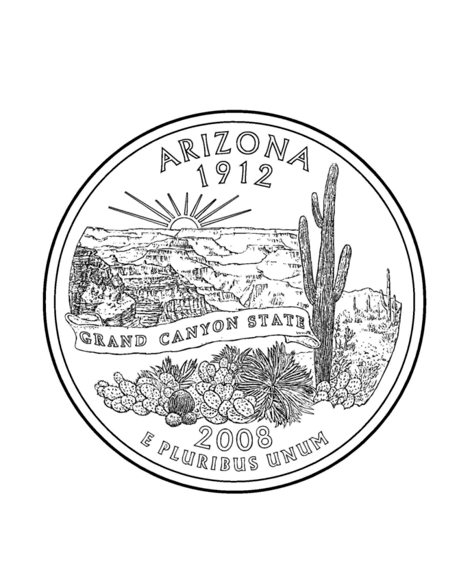 This coloring page is based on a photo i took during a trip to the grand canyon. Usa Printables Arizona State Quarter Us States Coloring Pages