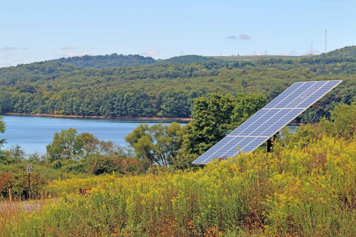 Outdoors, nature, water, lake, trees, hills, solar panel