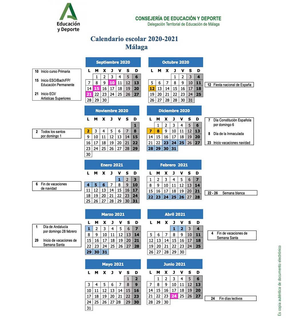 Fiesta nacional de españa 6 dic. Calendario Escolar De Malaga Para El Curso 2020 2021 La Diversiva