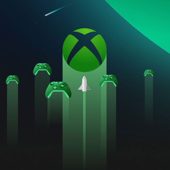 A space shuttle flies straight upward through abstract space along with several Xbox One controllers and the Xbox logo.