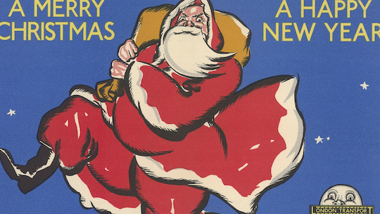 A historic poster with a drawing of Father Christmas carrying a sack of presents