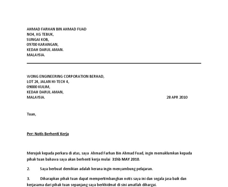 Surat Rasmi Berhenti Sekolah Contoh - Rasmi B