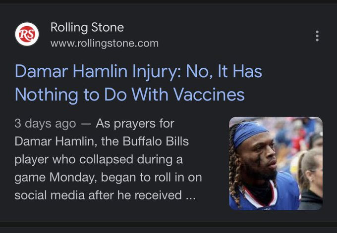 A Rolling Stone tweet caliming the injury to Damar Hamlin was not because of the Vax.