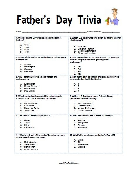 You will only need just one copy of this answer sheet. Father S Day Trivia Free Printable