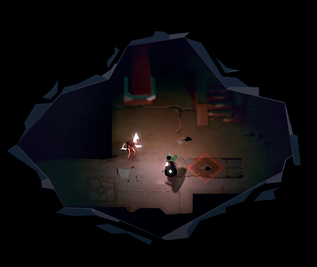 Dark lit screenshot from Below showing two characters in a darkly lit area.