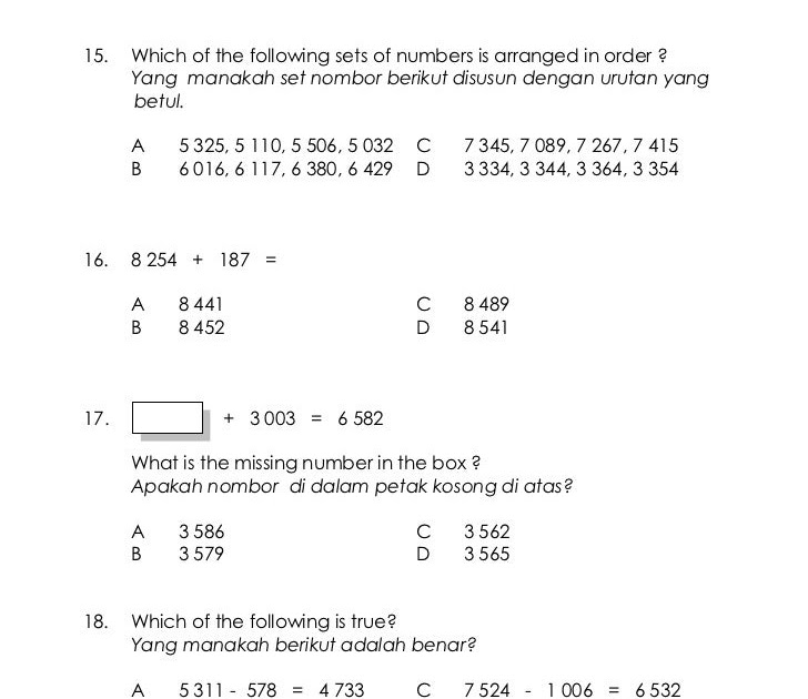 Contoh Soalan Matematik Darjah 3 - Selangor u