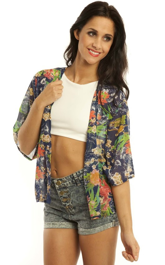 ElleJay
Cropped Floral Kimono in Blue 