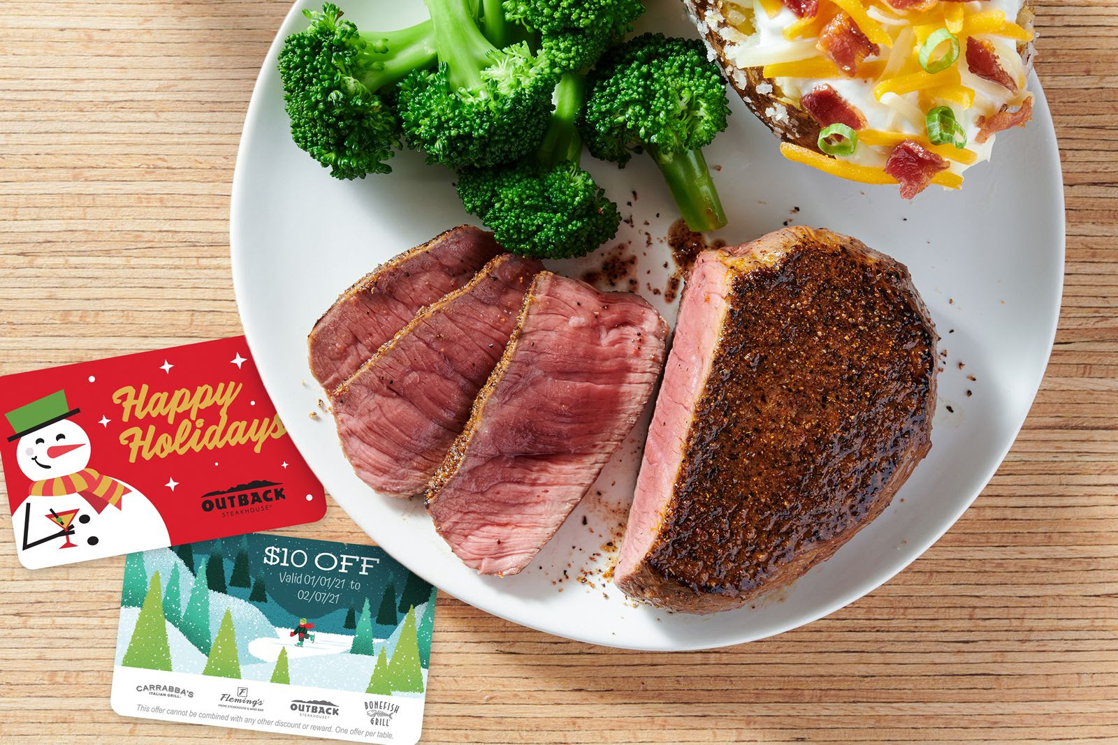 Around the holiday season, this restaurant hosts a promotion where you can receive a $5 bonus card with the purchase of $30 or more in gift cards. Outback Steakhouse Launches New Curbside Concierge For Holiday Gift Card Shopping Restaurantnews Com