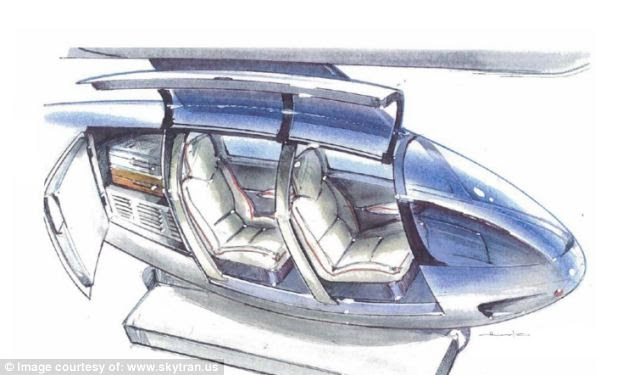 Magnetic appeal? Instead of an engine, the pods (an illustration of the possible interior is pictured) will use a magnetic field created by electrified coils in the track to allow them to hover and propel them along