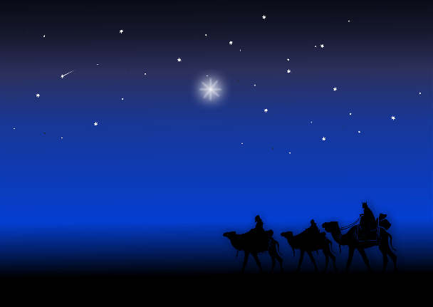 Artistic image of the three wise men on camels, silhouetted against a starry blue night sky.