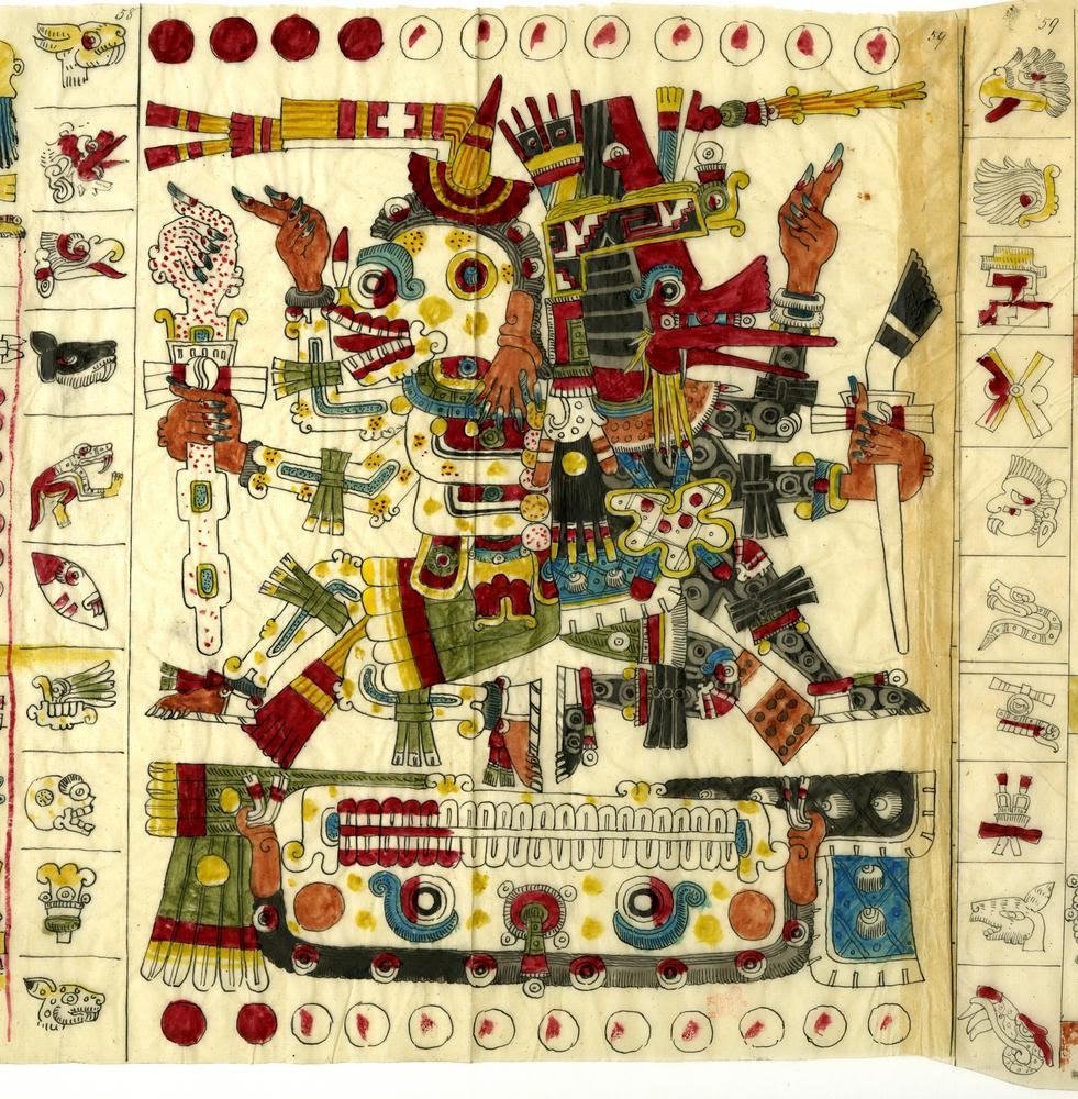 Codex; tracings of Codex Borgia, also known as Codex Borgianus and Códice Borgiano. A pre-Columbian pictorial manuscript; an important pictorial source for the study of Central Mexican gods, ritual, divination, calendar religion and iconography. P 59