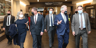 Secretary Walsh and Chairman Richard Neal walk with others through Springfield’s Union Station following a roundtable infrastructure event. 