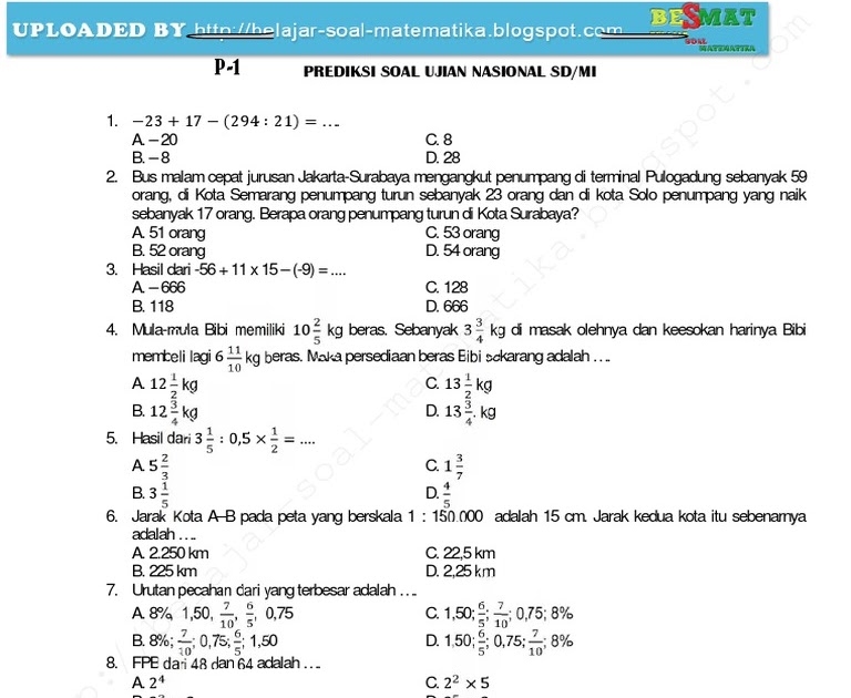 Contoh Latihan Soal: Latihan Soal Try Out Pelajaran Matematika Kelas 6