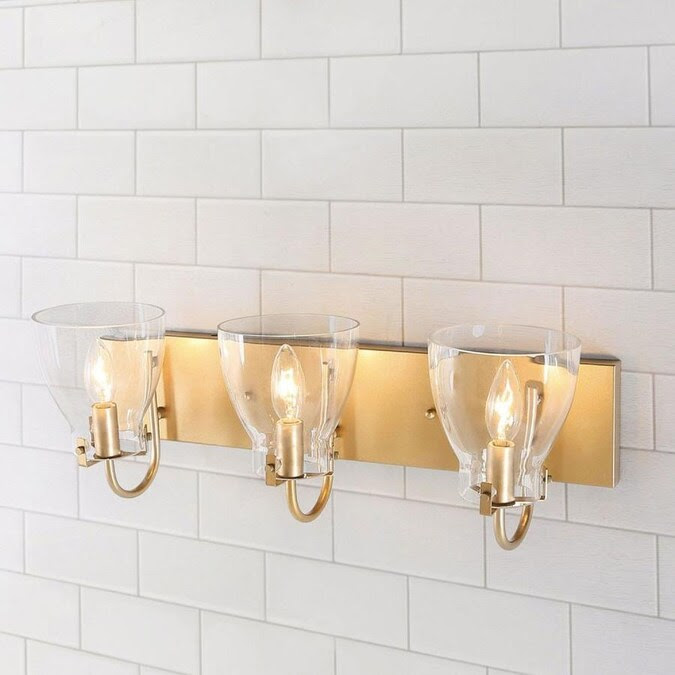 Brass vanity wall lamp quantity. Laluz Emelina 3 Light Brass Modern Contemporary Vanity Light In The Vanity Lights Department At Lowes Com