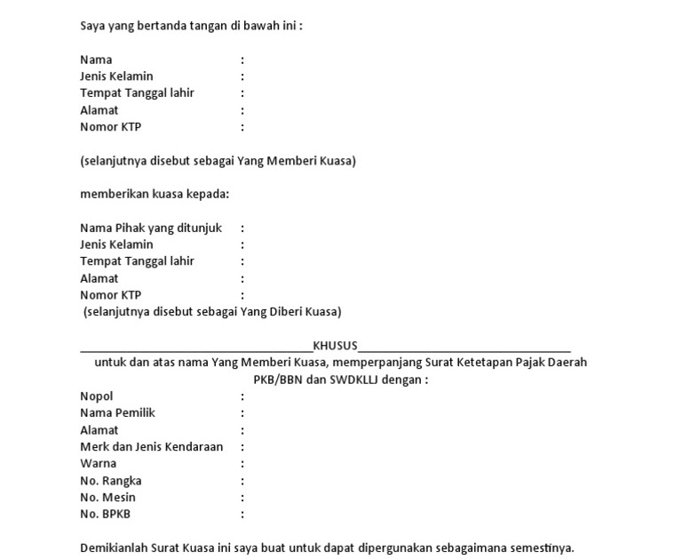 Contoh Surat Kuasa Blokir Kendaraan Bermotor