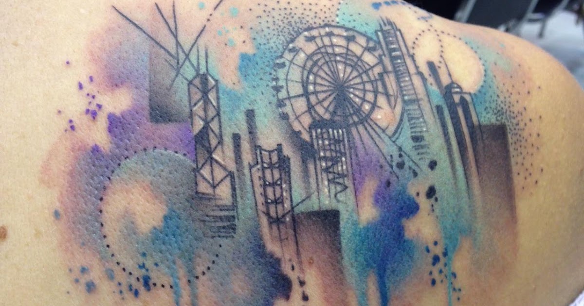 Hong Kong skyline watercolour tattoo by Jules Boho