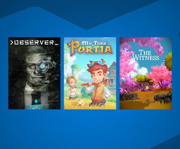 Three front covers of games that are available through the Explore and Discover sale: Observer, My Time at Portia, and The Witness.