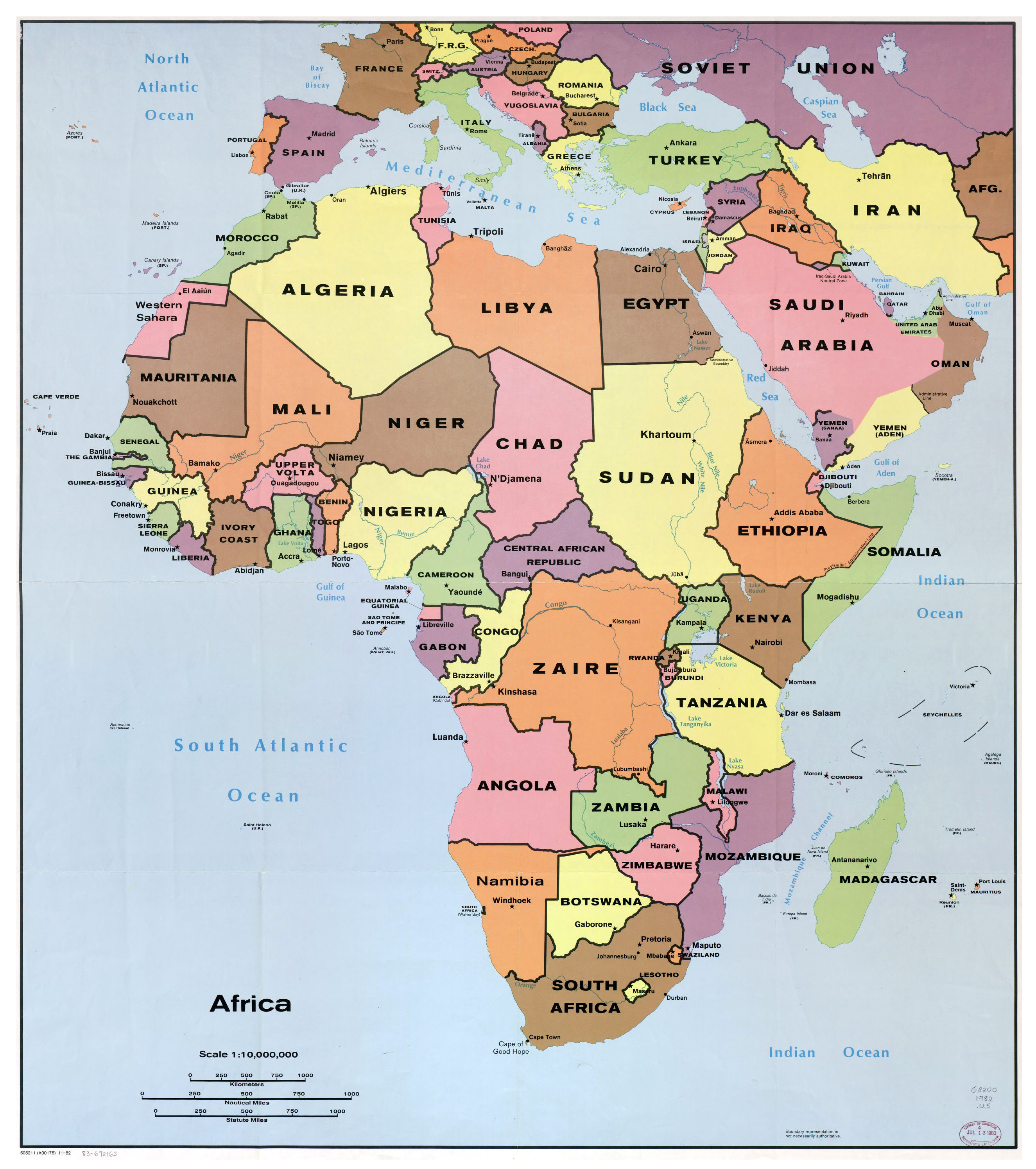 The political map of africa shows just how complex and diverse the continent, home to 54 countries and over a billion people really is. Large Detailed Political Map Of Africa With All Capitals 1982 Vidiani Com Maps Of All Countries In One Place