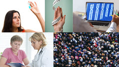 a woman looking at her spit in a test tube, sequencing wrapped around a hand, person looking at chromosomes, 2 people looking at DTC results, a crowd