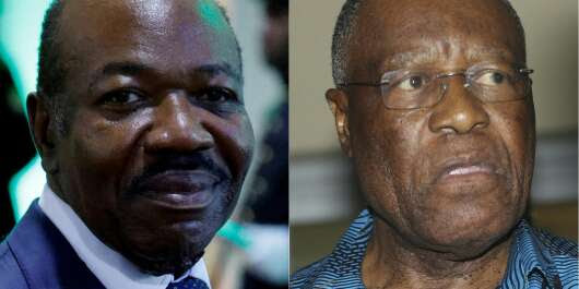 This combination of pictures created on August 23, 2023 shows Gabon's President Ali Bongo Ondimba (L) looking on as he attends a bilateral meeting with French President at Presidential Palace in Libreville, on March 1, 2023 and Albert Ondo Ossa (R) nominated candidate for the Alternance 2023 opposition grouping in Gabon speaks to the media in Libreville on August 18, 2023. Twelve Gabonese soldiers appeared on television Wednesday announcing they were cancelling the results of the country's recent election and dissolving "all the institutions of the republic", as AFP journalists heard gunfire in the capital Libreville. (Photo by LUDOVIC MARIN and Steeve JORDAN / AFP)