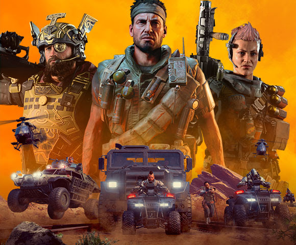 3 Call of Duty characters standing together with images of military vehicles racing below them.