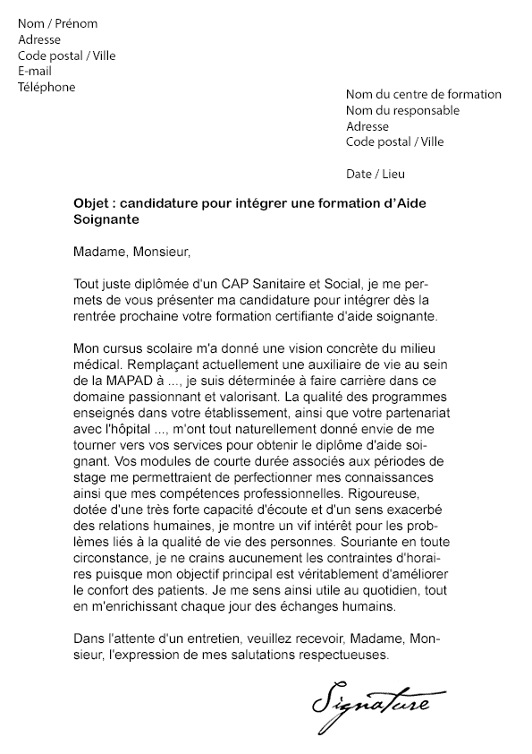 Le stage dans une structure optionnelle est organisé en fonction du projet professionnel de l'élève, en accord avec l'équipe pédagogique. Lettre De Motivation Formation Aide Soignante Afpa Modele De Lettre
