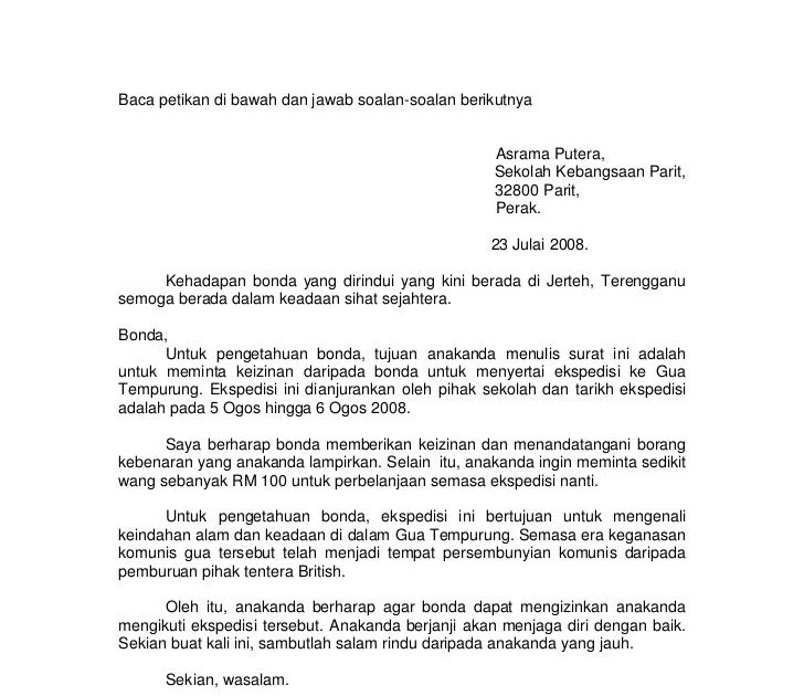 Contoh Surat Rayuan Menduduki Peperiksaan Bahasa Melayu