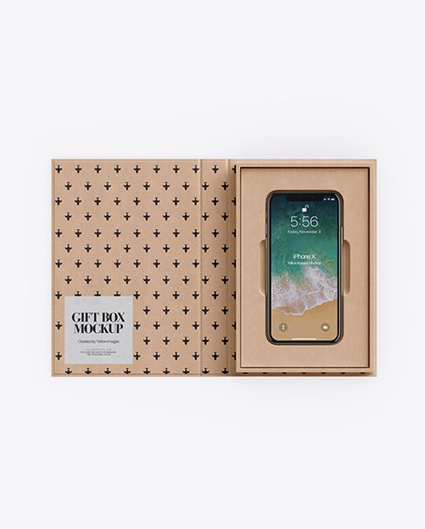 Download Kraft Gift Box With Apple iPhone X Mockup - Top View | Lanyard Mockup Design