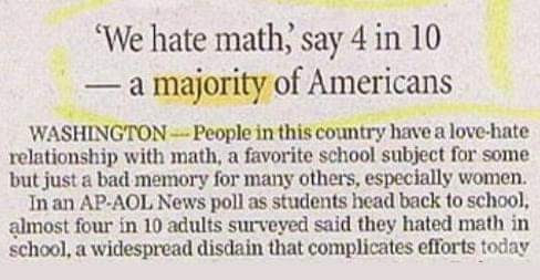 Clipping of ludicrous news article that says 4 our of 10 is a majority.