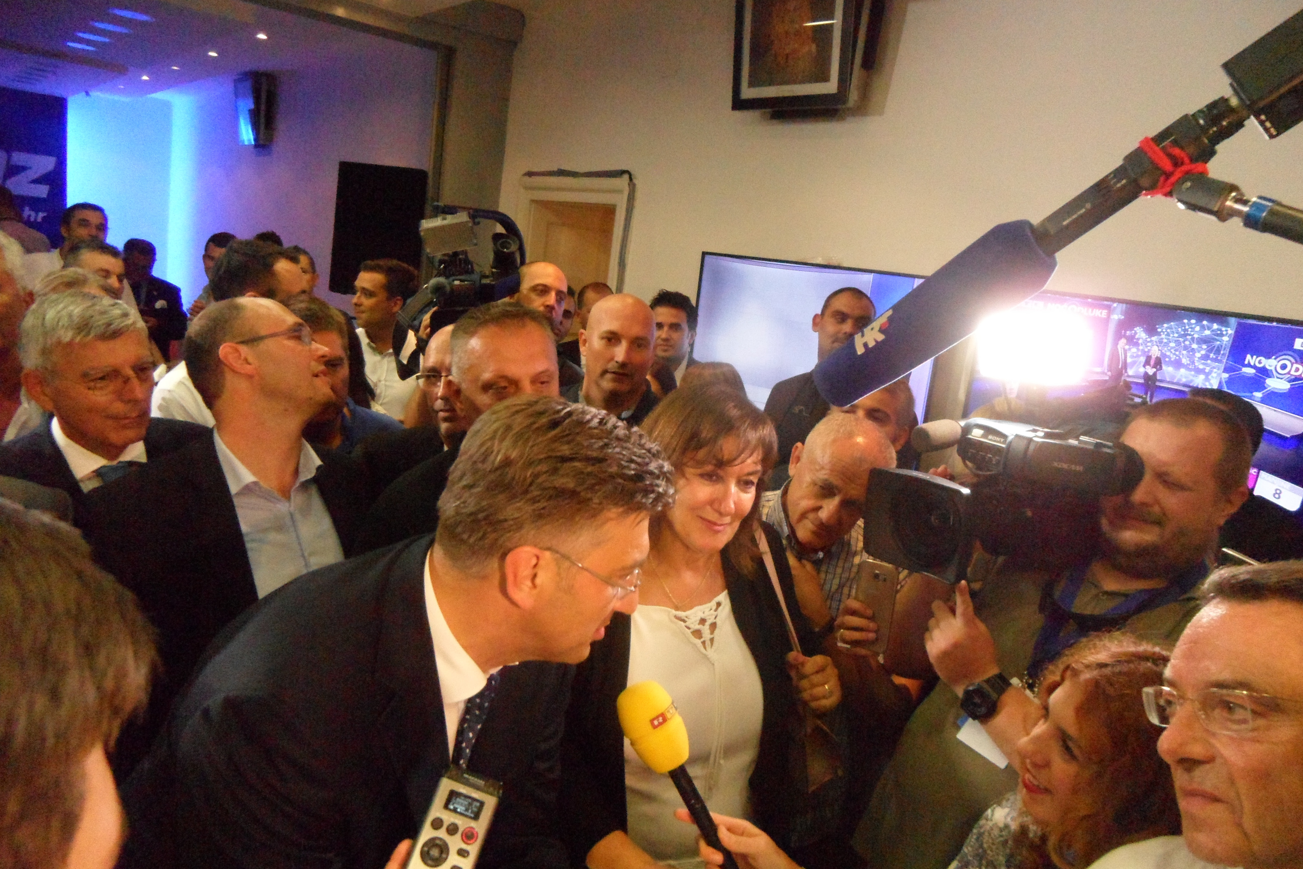 Croatian Democratic Union/HDZ Headquarters on election night 11 September 2016 with president Andrej Plenkovic in centre Photo: Connor Vlakancic