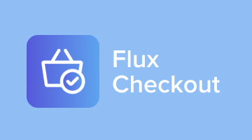 Copy reading Flux Checkout on a blue background with an illustration of a shopping basket beside it