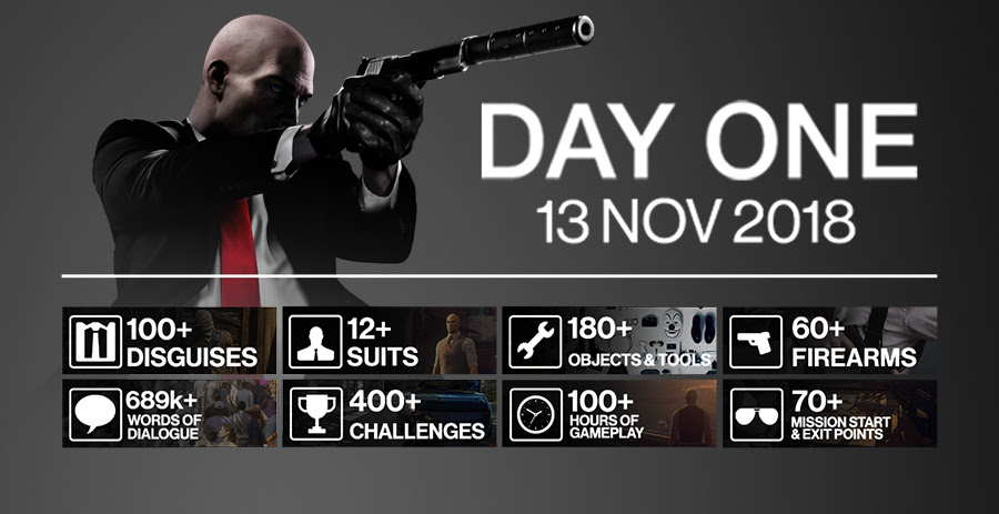 Day one 13 nov 2018 | 100+ Disguises | 12+  Suits | 180+ Objects and tools | 60+ Firearms | 689k+ Words of dialogue | 400+ Challenges | 100+ Hours of gameplay | 70+ Mission start and exit points