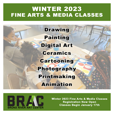 Winter 2023 Fine Arts & Media Classes at Bronx River Art Center. Classes include drawing, painting, digital art, cartooning, photography, printmaking, and animation.