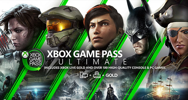 A collage of five popular characters and the Xbox Game Pass Ultimate logo.