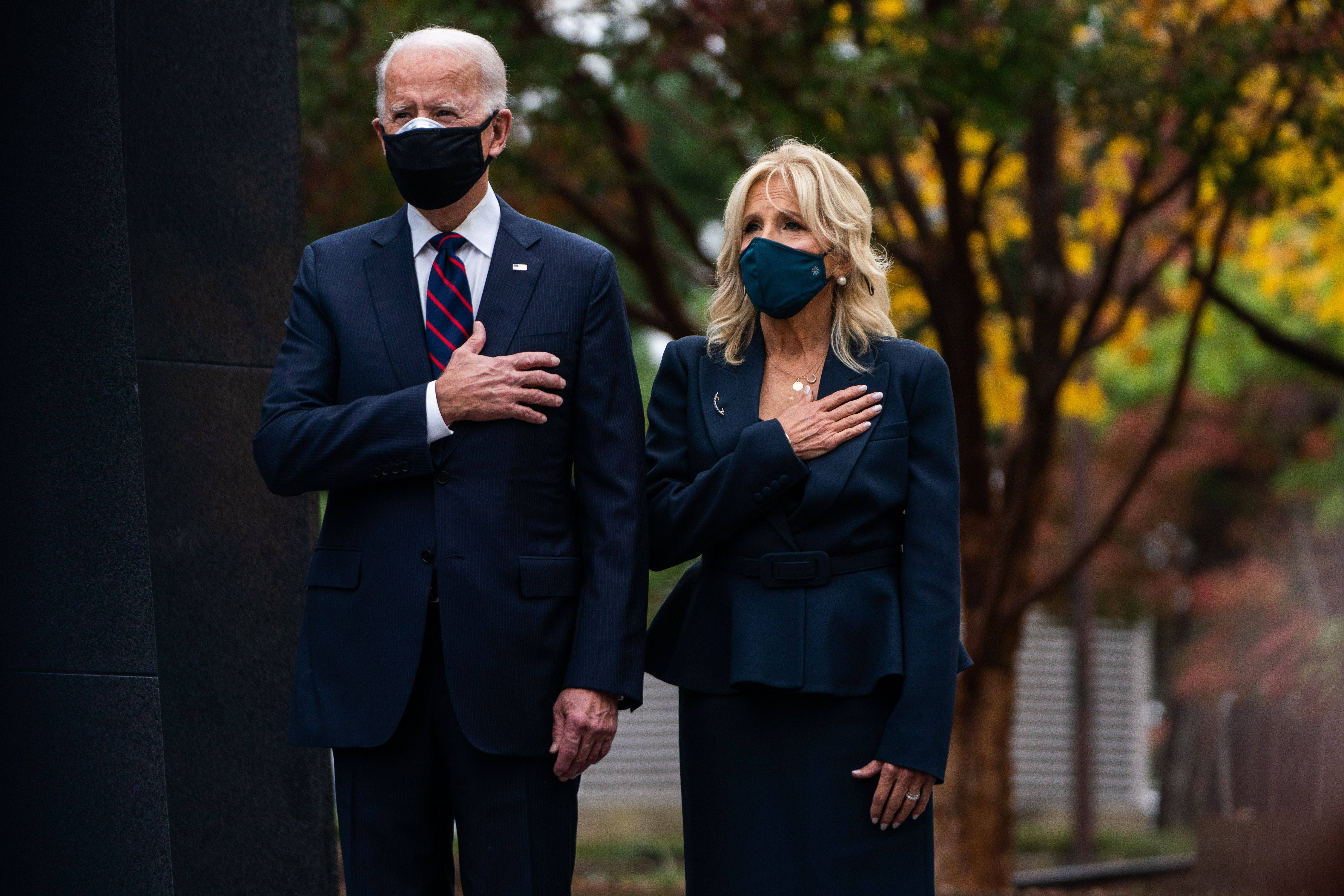 Joe and Jill Biden make a Veterans Day visit on Wednesday to the Korean War Memorial Park in Philadelphia. (Demetrius Freeman/The Washington Post)