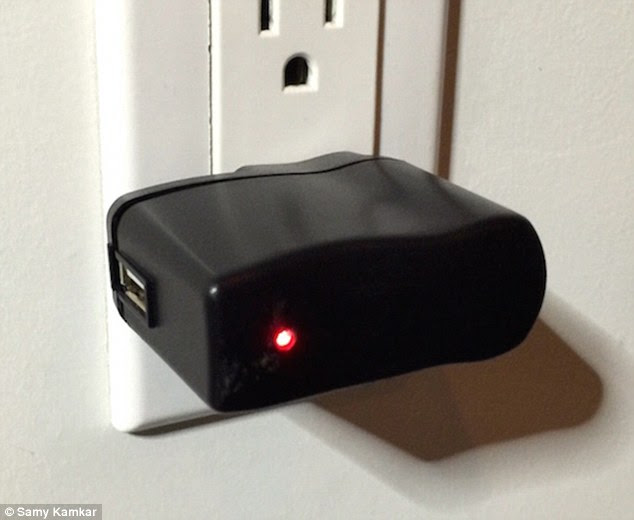 The device, known as KeySweeper, looks and works like a typical USB wall charger (pictured), but uses a built-in chip to  ‘sniff’ for keystrokes typed onto nearby wireless keyboards. All of these strokes are then decrypted, logged and sent to a hacker over the web 