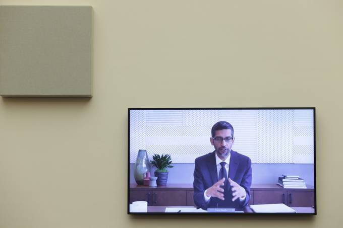 Google CEO Sundar Pichai speaks via videoconference before the House Judiciary subcommittee on antitrust. (Graeme Jennings/Pool/Reuters)