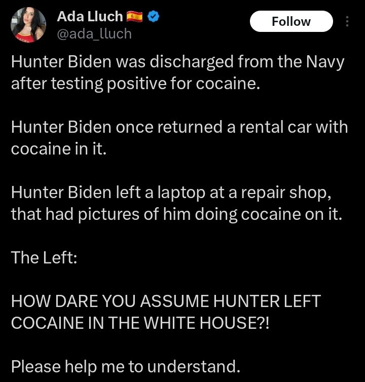 Long tweet outlining Hunter Biden's history with cocaine.