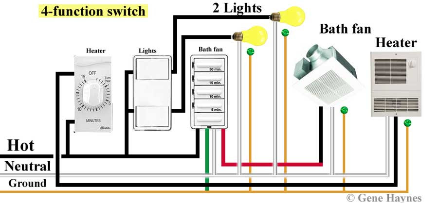 Wire a double switch for bathroom fan. How To Wire 4 Function Switch