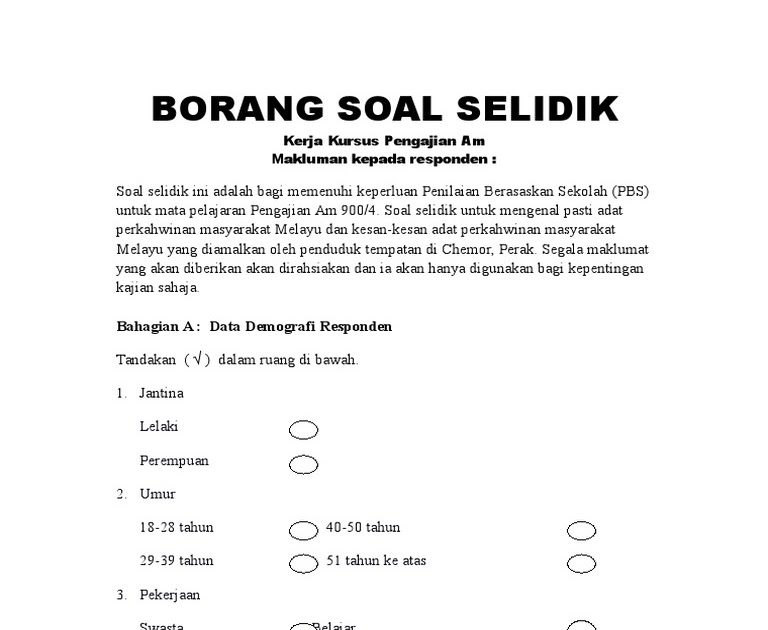 Contoh Soalan Soal Selidik Demografi - Resepi Book c