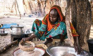 Una mujer prepara su comida en una cocina rural de Chad.