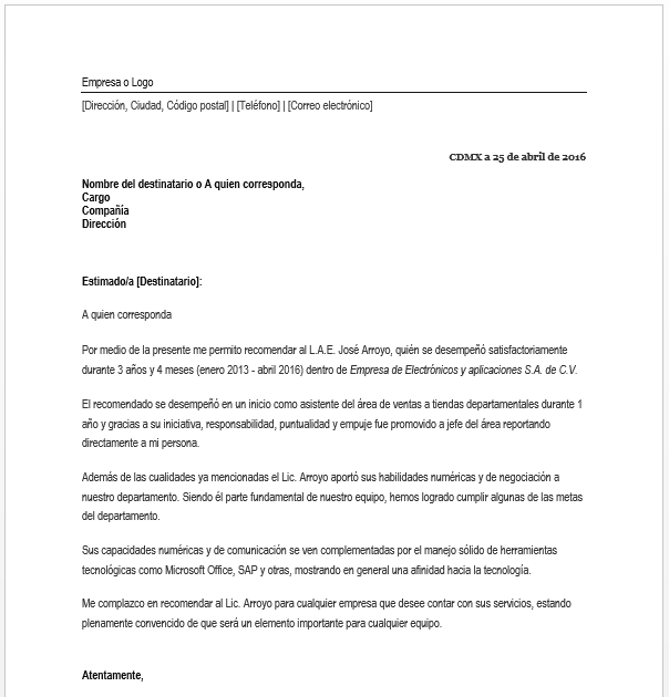 Carta De Recomendacion Gerencial - Sample Site w