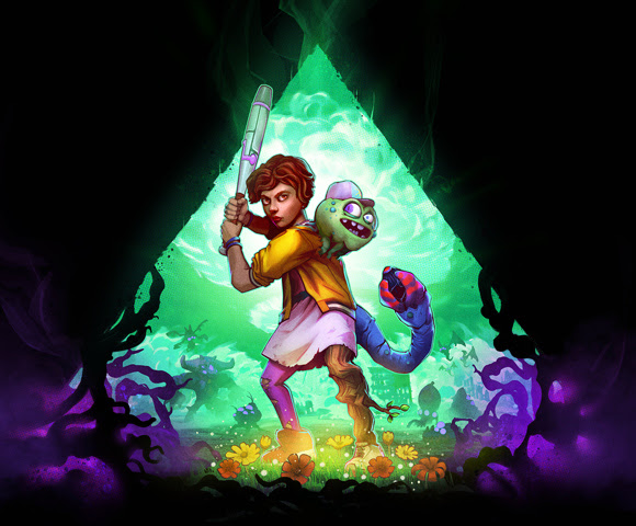 A boy cautiously entering a mystical cave, with a goblin-like creature on his shoulder, holding a baseball bat.