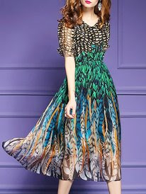 Printed Green Evening Midi Dr...