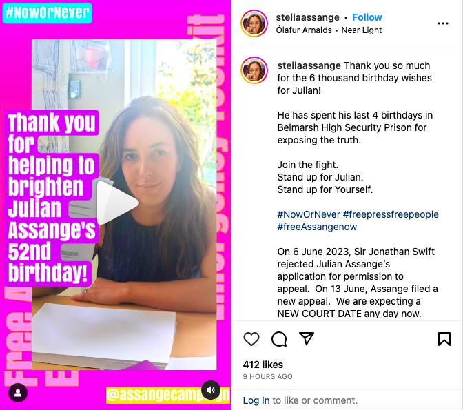 Screenshot of Stella Assange's Instagram video post. Test reads: #NowOrNever. Thank you for helping brighten Julian Assange's 52nd birthday!