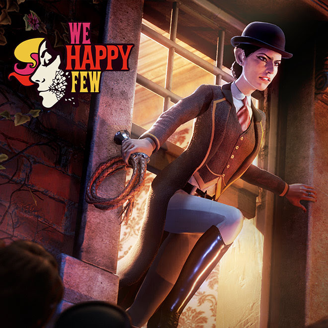With the We Happy Few logo in the upper-right corner, Victoria Byng stands poised to leap from a building window with her whip in hand.