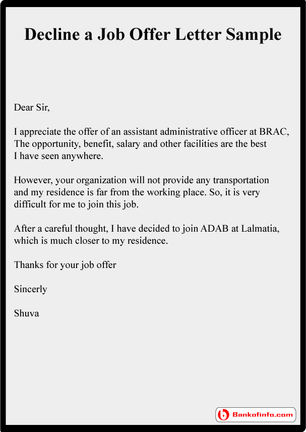 How to accept a job offer email sample. Decline A Job Offer Letter Sample