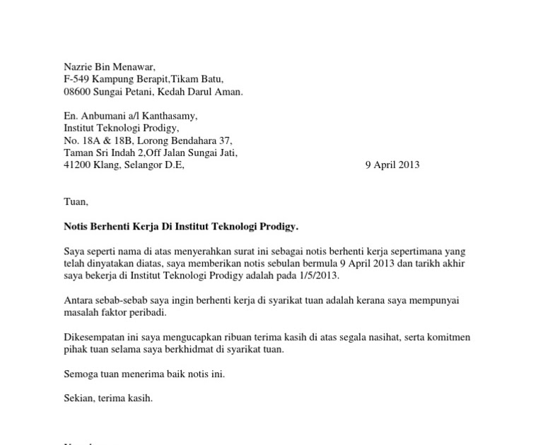 Copy Past Surat Notis Berhenti Kerja Seminggu / Contoh Surat Perletakan